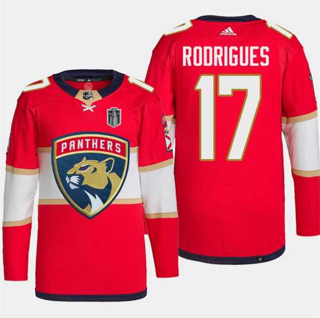Mens Florida Panthers #17 Evan Rodrigues Red 2024 Stanley Cup Final Patch Stitched Jersey Dzhi->florida panthers->NHL Jersey